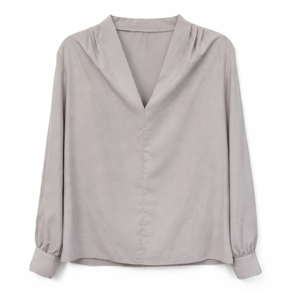 Grey V-neck Long Sleeve Blouse - L